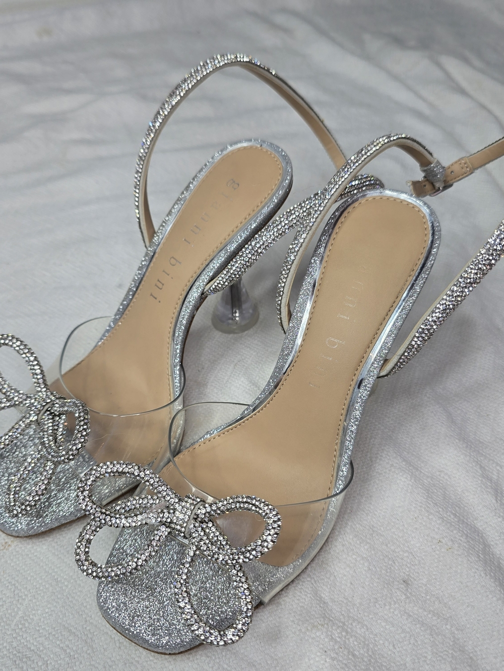 Gianni Bini Silver Rhinestone Bow High Heel Sandals Size 7 Sparkle Glam